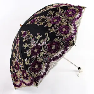 Royal noble opera luxury embroidery lace umbrella parasol double layer fold black vinyl UV protection sun lace umbrella party