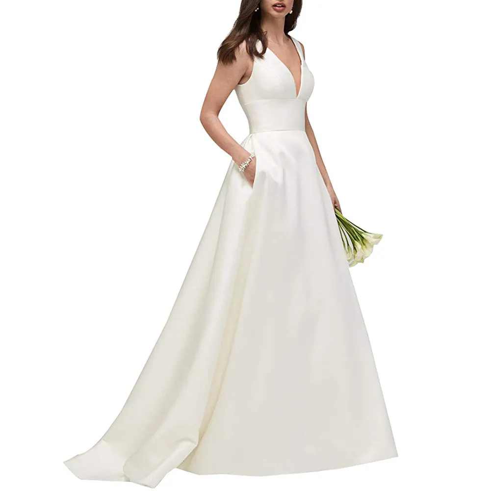 Bianco Su Misura di Design A Due Tasche Pizzo Su Indietro Abito Da Sposa con il Conte Treno 2020 Vestido de novia Ultimo Stile