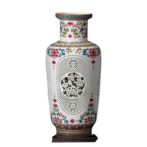 Vaso de rosa chinês antigo artesanal de cerâmica, vazado de porcelana para decoração da casa