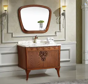 Marrón estilo antiguo de madera de roble armario de baño de cerámica lavabo doble lavabo del gabinete del cuarto de baño