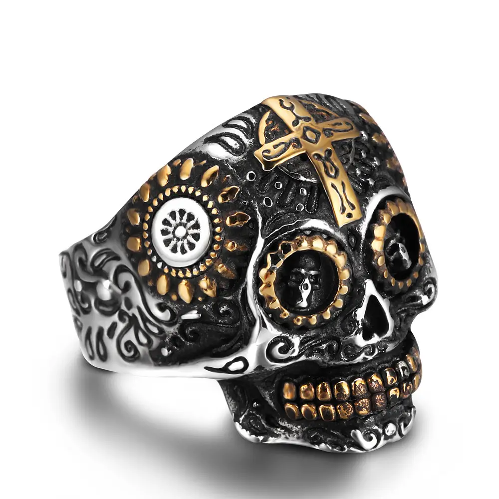 Groothandel new gold vintage cross skull ring sieraden gepersonaliseerde fashion modellen ringen voor mannen roestvrij staal