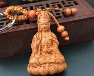 Gantungan Kunci Kuan-yin Kayu Persik Alami, Gantungan Kunci untuk Wanita Pria Uniseks Modis Tas Tangan, Dekorasi Kunci Mobil Perhiasan Gantungan Kunci Buddha Kayu