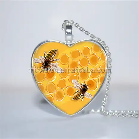 Api da miele Pendente Del Cuore, Bee Gioielli, Bee Collana del cuore di Vetro della Foto Della Collana Cabochon