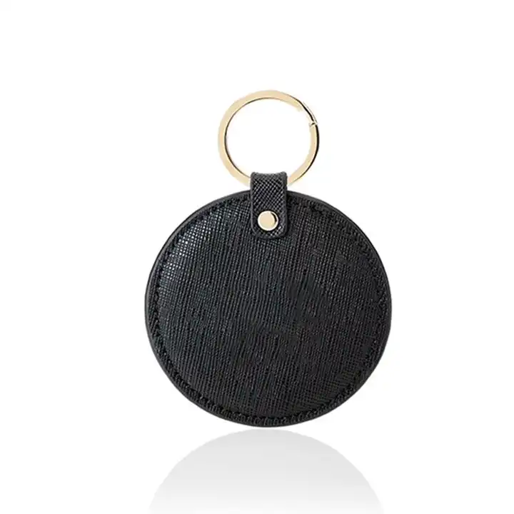 Black saffiano leather circle key ring simple design round shape leather  keyring