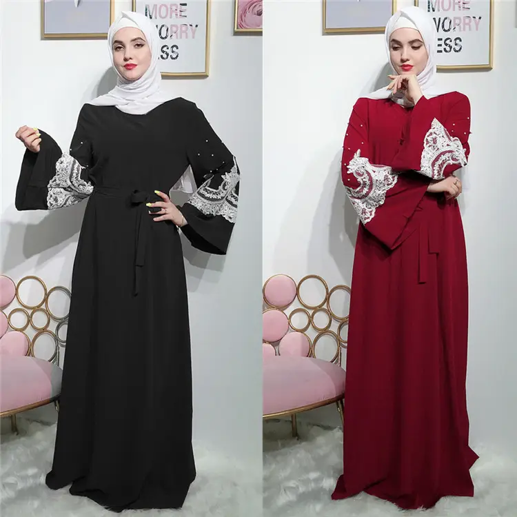 नवीनतम abaya डिजाइन फीता मोती नरम क्रेप मुस्लिम पोशाक जातीय कपड़े