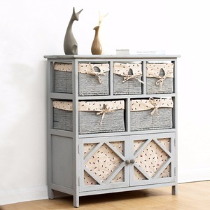 Grijs Paulownia Massief Houten Dressoir Lade Borst Met Rieten Manden - Product Image 1