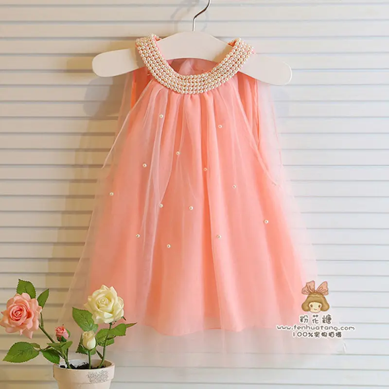 Hao Baby Hot Selling 2022 Summer New Girls Wear Dress Children Beaded Mesh Princess Kid Sleeveless Lace Dress