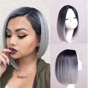 Mode Bob Straight Mittelton Schwarz und Grau Ombre Hitze beständige synthetische Haar Perücken für Frauen