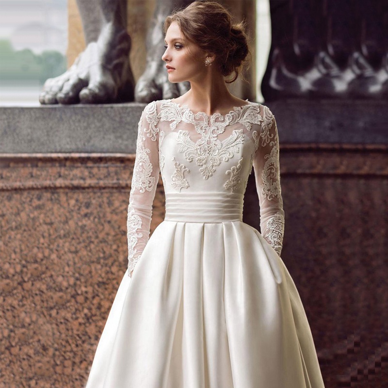 knee length dresses for ladies Classic Ivory Long Sleevess V neck Leaves Lace Ball Gown Wedding Dresses