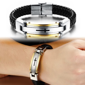 Popular hombres deportivos Cruz <span class=keywords><strong>del</strong></span> acero inoxidable <span class=keywords><strong>del</strong></span> diseño encanto trenzado pulsera hecha a mano de cuero genuino - Product Image 4
