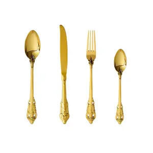 4 Pcs Wedding Luxury Palace Style Stainless Steel 304 Cutlery Gold Knife Fork And Spoon Set