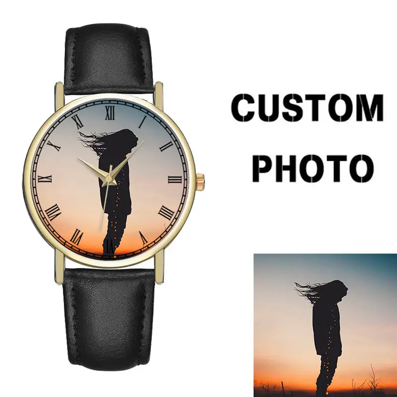 Gold Uhr Männer Handgelenk Unisex Damen uhr Leder Metallband Foto Bild Benutzer definierte leere weiße Zifferblatt Sublimation Uhren