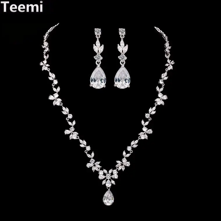 LUOTEEMI Tops Fashion Luxurious Bridal Vintage Watedrop Cubic Zirconia Necklace und Earrings Wedding Jewelry Set für Women