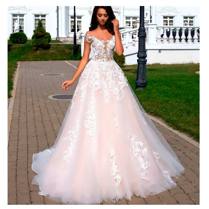 Sang Trọng Ren Tulle Wedding Dresses 2019 Appliques Ren Cap Sleeves Sexy Backless Bridal Gowns