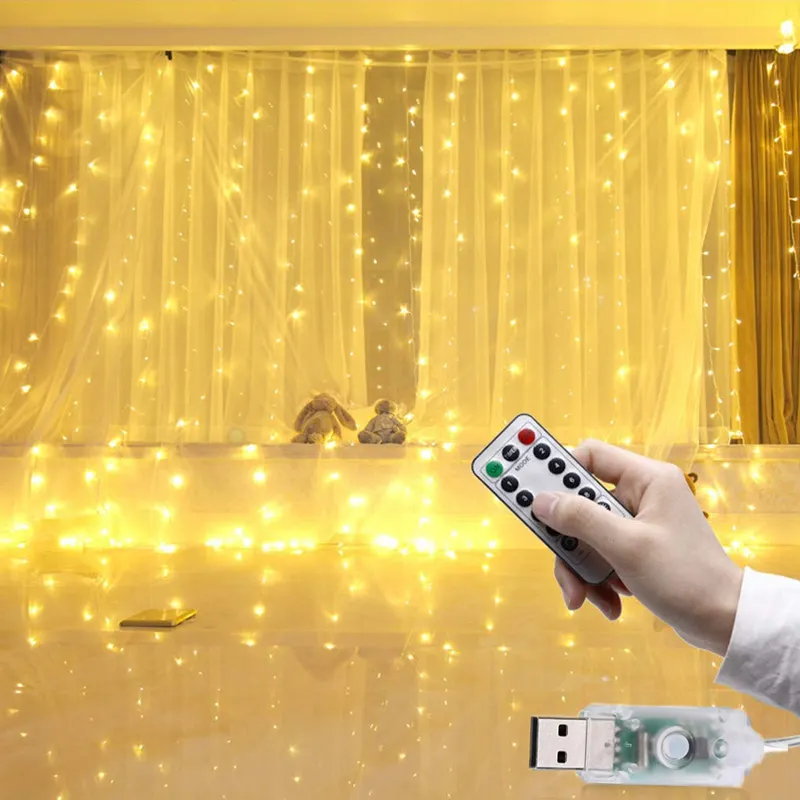 2019 Hot New 3M X 3M Curtain String Ánh Sáng Dây Đồng LED Tiên Giáng Sinh Lights USB Power Cho Đám Cưới Với Điều Khiển Từ Xa