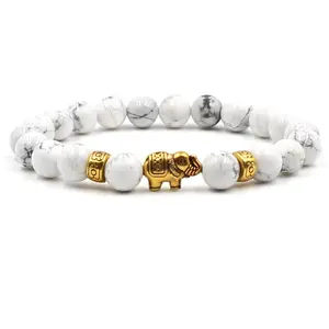 Pulseras de Buda con cuentas de piedra Natural para hombre y mujer, joyería, brazaletes de regalo de turquesa blanca, brazaletes de Elefante Dorado