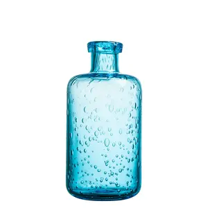 थोक सस्ते हस्तनिर्मित नीले रंगीन छोटे से खोलने के साथ सिलेंडर बोतल आकार बुलबुला ग्लास फूलदान मुंह फूलों की व्यवस्था के लिए