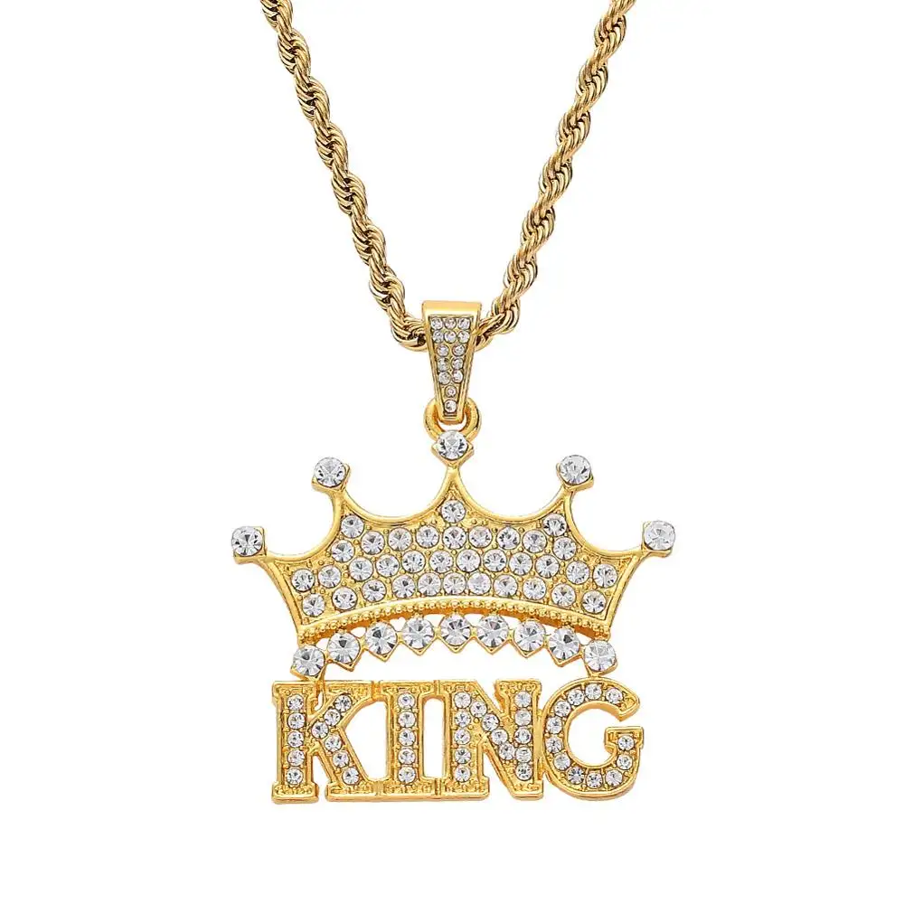 New Arrival Hip Hops Jewelry Men's King Crown Pendant Necklaces Stainless Steel Chain Pave Diamond Crown Necklace