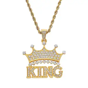 New Arrival Hip Hops Jewelry Men's King Crown Pendant Necklaces Stainless Steel Chain Pave Diamond Crown Necklace