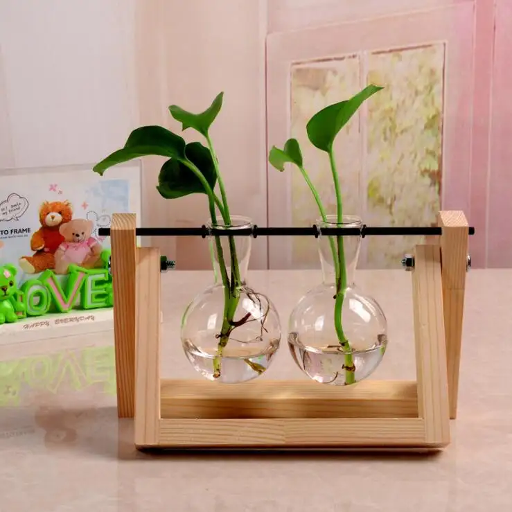 Best Seller Creative Clear Glass Plant Terrarium With Rustic Wood & Metal Swivel Stand Holder Terrarium Bulb Vases