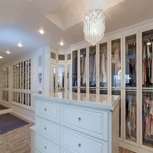 Luxurious White Finished Walk In Wooden Wardrobe Closet Designs