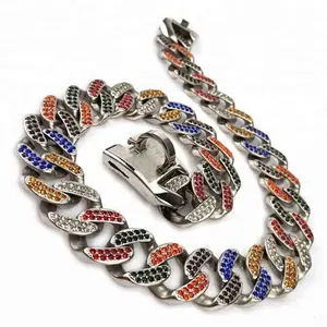 Unique Casting Stainless Steel Cuban link dog chains for Female Bully Dog Bling Colorful Luxury Crystal Stone Diamond Pet Collar