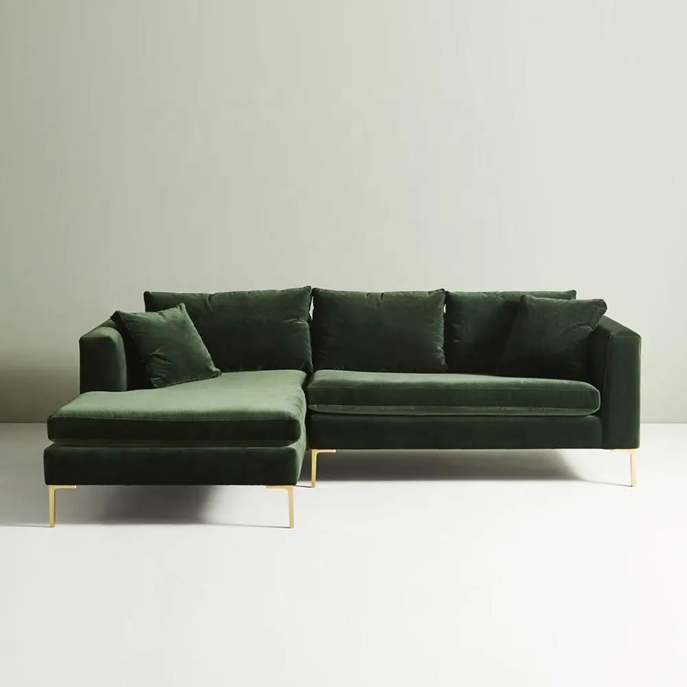 Zweiteiliges Chaiselongue-Schnitts ofa aus Samt Edelstahl Beine Wohnzimmer Sofa Couch für Home Hotel Empfangsraum