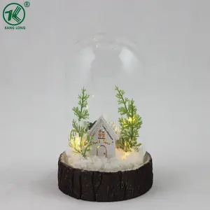 Small wooden house and deer Christmas glass bell jar ornaments