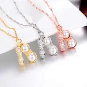 18K rose gold /platinum Silver pearl necklace peanut pendant necklace