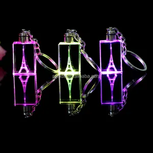 3D laser Eiffel tower crystal glass keychain ring holder custom colorful led light for promotion gift