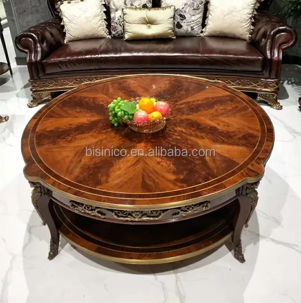 Mesa de centro tallada de madera Natural Con Pedestal de latón, muebles de salón de Castillo mesa central redonda de marquetería hecha a mano