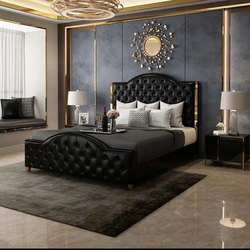 เฟอร์นิเจอร์ห้องนอนยุโรปที่ทันสมัยการออกแบบที่หรูหราปุ่มหนังเทียมอิตาลีสีดำเตียงเบาะ PU