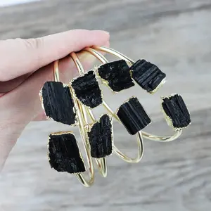 Bracelet en or véritable avec tourmaline noire, manchette de haute qualité, LS-J238 g, plaqué or 24k