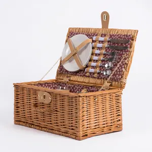 Artesanato Artesanal Fornecimento Pequeno Retangular Rattan Basket Outdoor Tecelagem Viagem Food Wicker Willow Picnic Storage Square Box Para 2