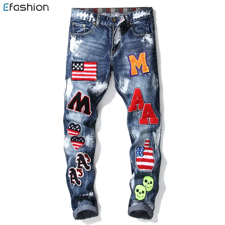 Men Denim Straight Pants With Embroidery Patches Slim Fit Jeans For Man