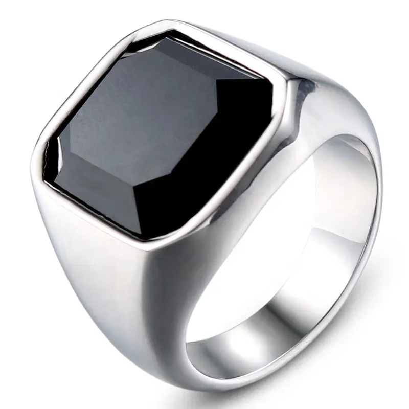 Classic Silver Color Black Stones Enamel Rings Men Punk Male Titanium Ring HZ183