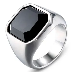 Anillos de esmalte de Piedras Negras de Color plateado clásico para hombre, anillo Punk masculino de titanio HZ183