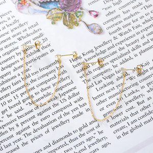 American Style Set Long <strong>Chain</strong> <strong>Earrings</strong> <strong>Stud</strong> <strong>Earrings</strong> Gold Two Small Zircon Stone Women's 925 Sterling Silver European 14K - Product Image 4