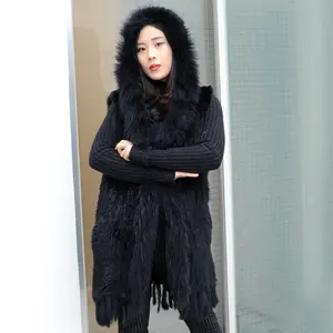 CX-G-B-07B Hand Knitted Hooded Fur Gilet Fashion Women Real Rabbit Fur Vest with Fringes