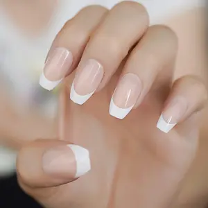Natural Beige Nude Coffin Shape White French False Nails Full Cover Manicure faux ongle Ballerina nails