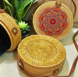 Large round Stylish Lady's Bohemian <b>Woven</b> Rattan Purse Handwoven Beach <b>Bag</b> with Leather Strap and Straw Lining - Product Image 2