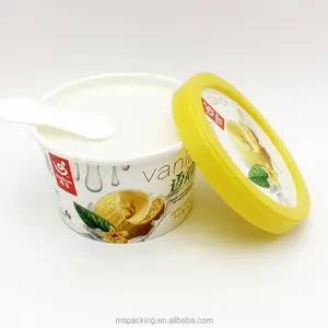 カスタムデザイン使い捨てアイスクリーム紙コップとプラスチック蓋会社ブランドロゴ印刷紙アイスクリームカップ蓋とスプーン付き