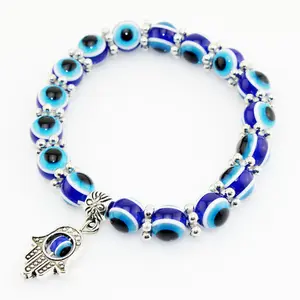 Handmade Blue Adjustable Bead Bracelet Stretch Small Pendant Lucky Evil Eye Fatima Hand Pendant Elastic Band Men/Women Jewelery