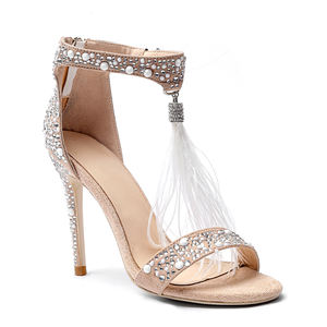 WETKISS Fantasia di Grandi Dimensioni Sandali Cerniera Posteriore Scarpe Cinturino Alla Caviglia <span class=keywords><strong>Tacchi</strong></span> A Spillo Alti Sandali Del Rhinestone Della Piuma di Scarpe Da Sera di Estate - Product Image 1