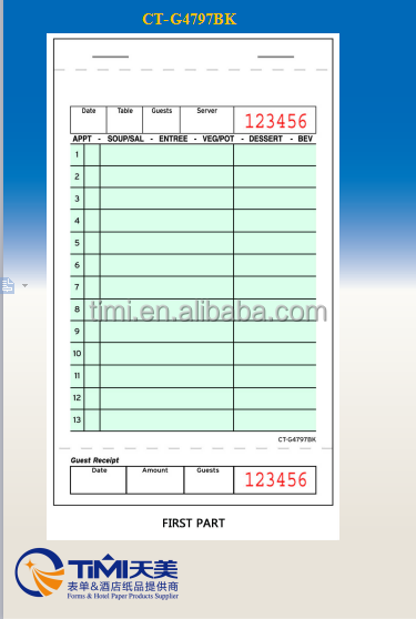 CT-G4797BK Две части Ничуть и Тан GuestCheck с Нижней Самокопирующая Гость получения и Напитки Линии