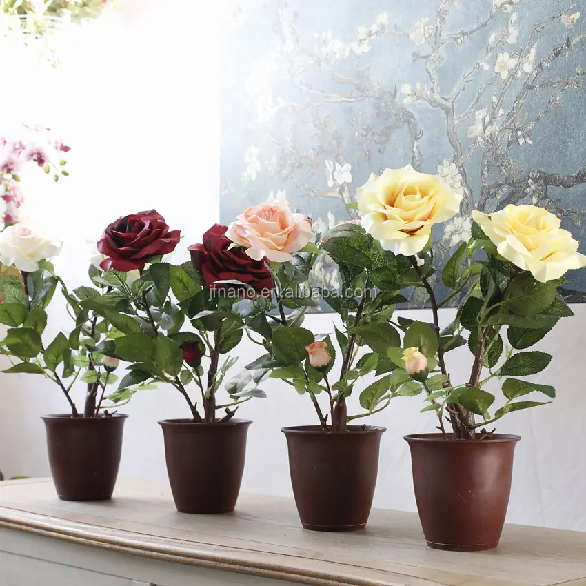 Decoração para casa de flores de seda, roupa de flores artificiais rosa bonsai em vasos, plantas 24 peças/ctn p0409