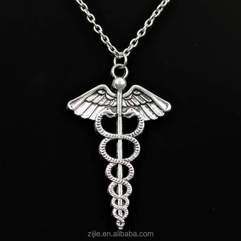 Yiwu Zijie jewelry-collar con colgante con símbolo de medicina caduceus, collar de plata antigua de aleación a la moda