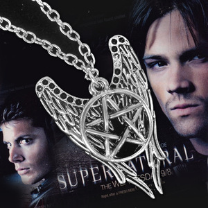 Argento antico Pentagram Pentacolo Ali di Angelo Del Pendente Collana Supernatural - Product Image 3