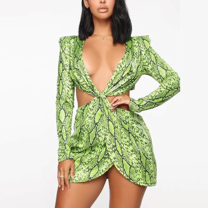 Vert fluo Imprimé Serpent Sexy V cou Moulante Robe de Soirée Femmes