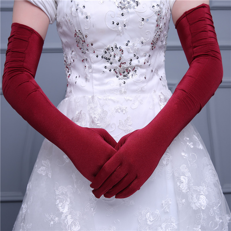 Оптовая продажа, дешевые красные длинные свадебные перчатки с открытыми пальцами для невесты MGB30